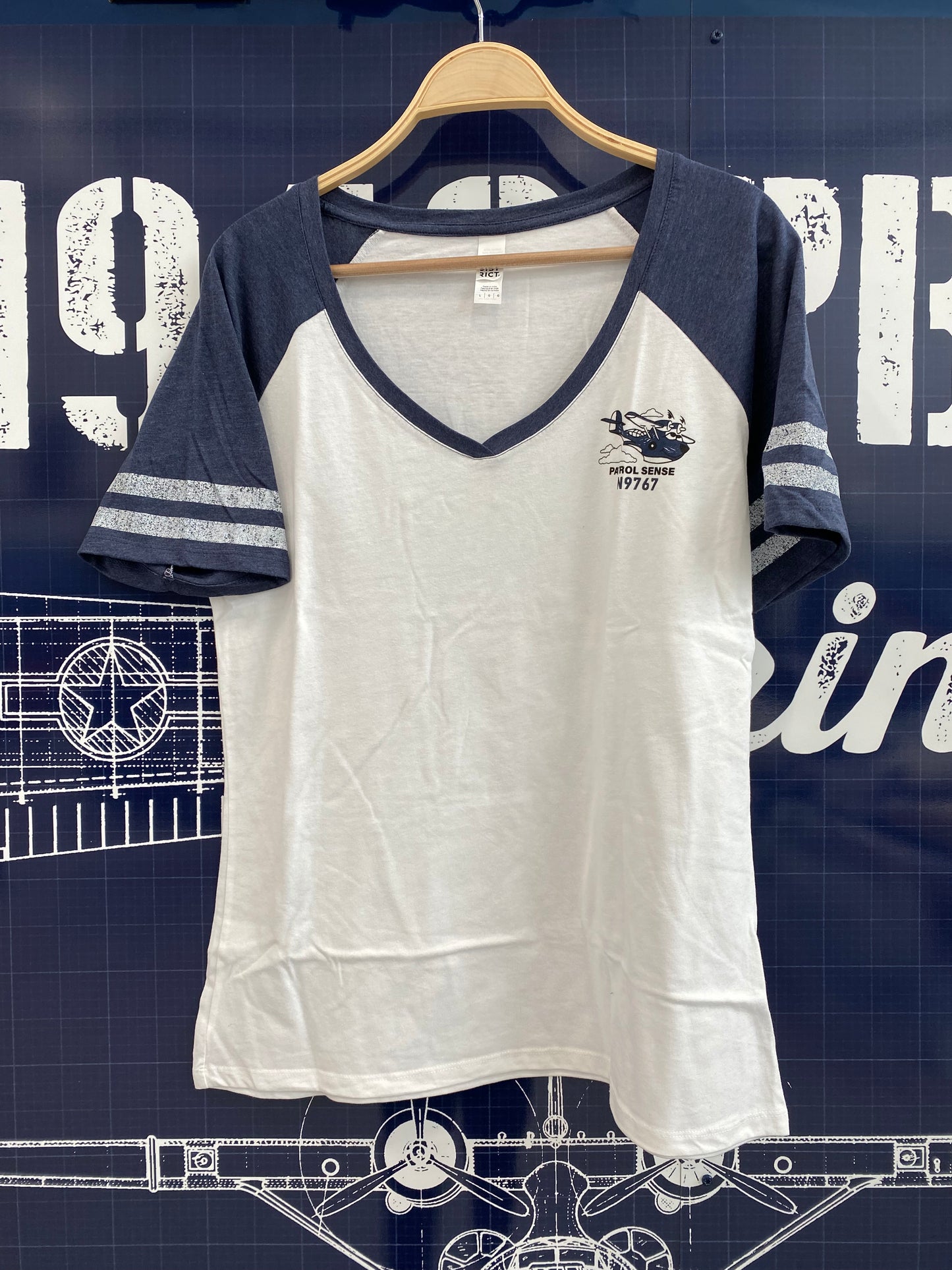 Women's Blue and White V-Neck Shirt